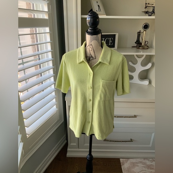 REFORMATION Fuji Button up Green Terry Shirt Short Sleeve Patch Pocket SZ Small - Picture 6 of 13
